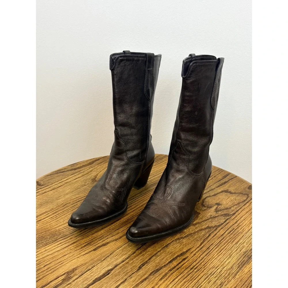 Franco Sarto Cowboy Boots Womens 8.5 Brown Leather Pointed Toe Western Chic - Picture 2 of 10